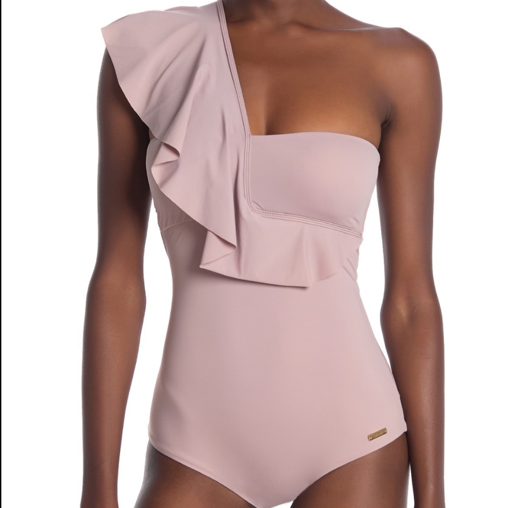 One-Shoulder Ruffle One-Piece Swimsuit in Dusty Pink